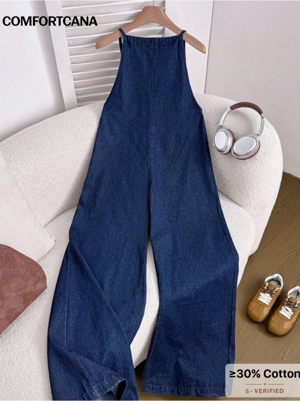 Comfortcana Women's Wide-Leg Denim Jumpsuit in Dark Blue
